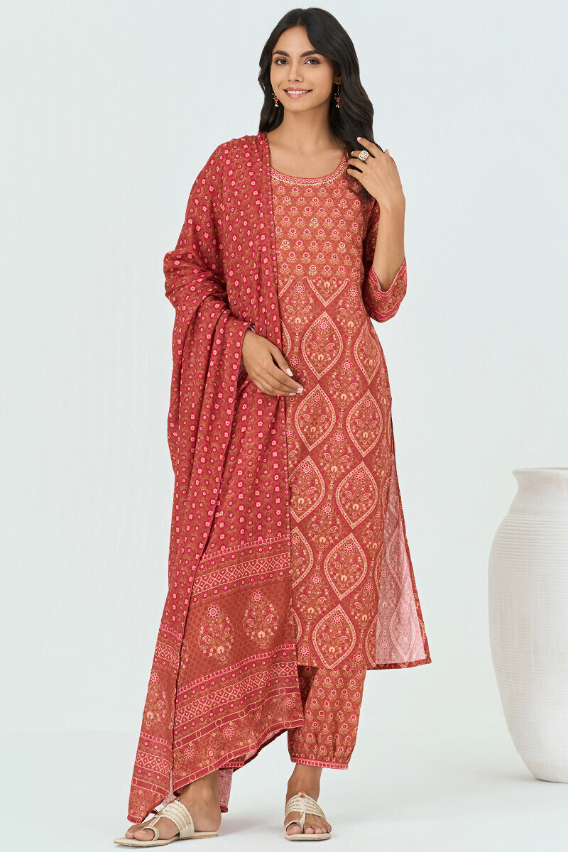 Brown Printed Straight Cotton Kurta