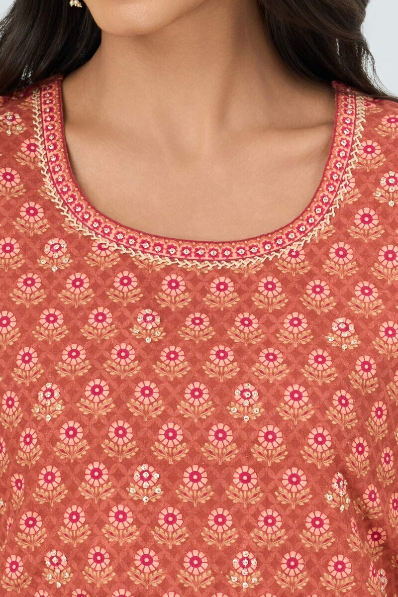 Brown Printed Straight Cotton Kurta