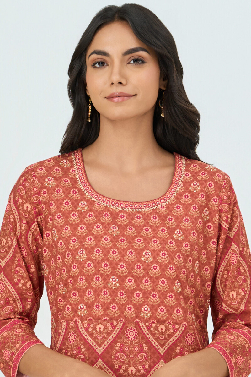 Brown Printed Straight Cotton Kurta