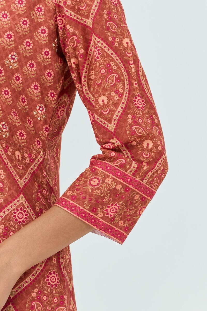 Brown Printed Straight Cotton Kurta