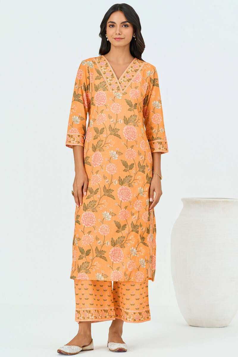 Yellow Printed Straight Cotton Kurta