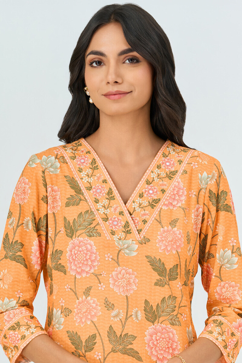 Yellow Printed Straight Cotton Kurta