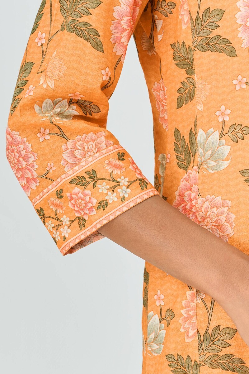 Yellow Printed Straight Cotton Kurta