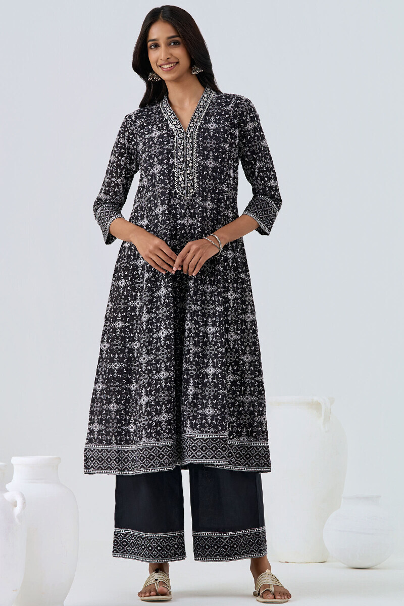 Black Hand Printed Anarkali Cotton Dobby Kurta