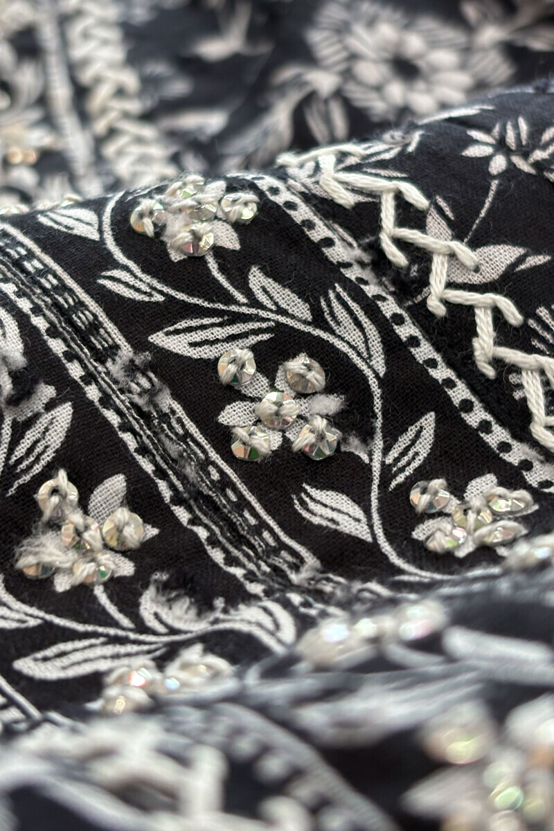Black Hand Printed Anarkali Cotton Dobby Kurta
