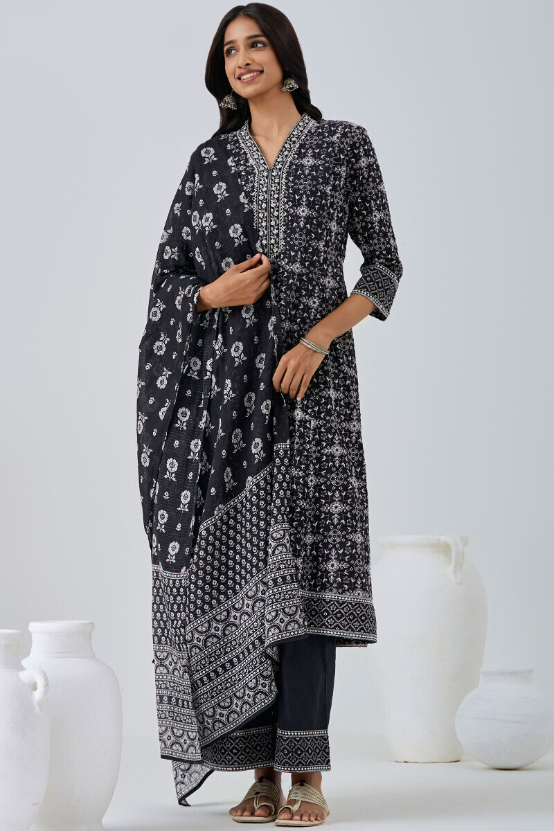 Black Hand Printed Anarkali Cotton Dobby Kurta