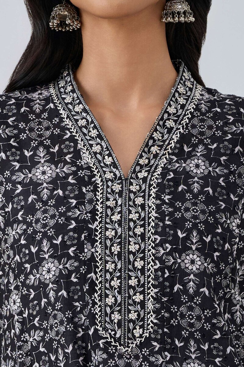 Black Hand Printed Anarkali Cotton Dobby Kurta