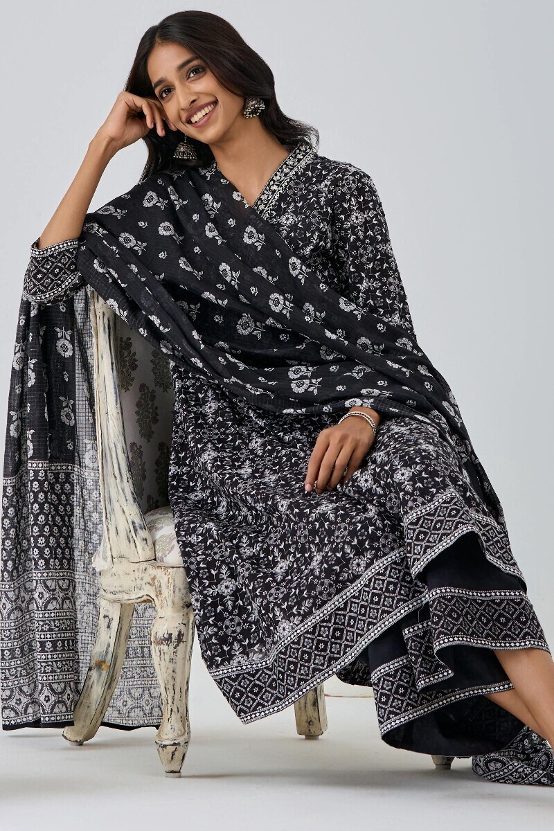 Black Hand Printed Anarkali Cotton Dobby Kurta