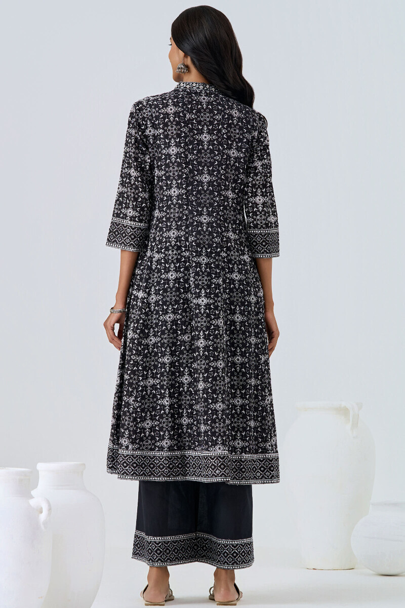 Black Hand Printed Anarkali Cotton Dobby Kurta