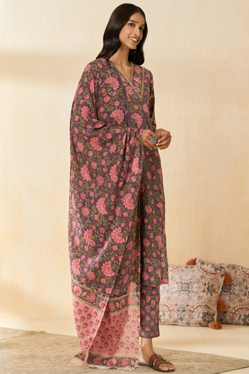 Mauve Hand Block Printed Straight Cotton Kurta