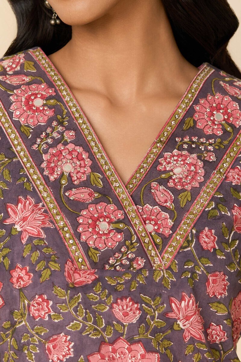 Mauve Hand Block Printed Straight Cotton Kurta