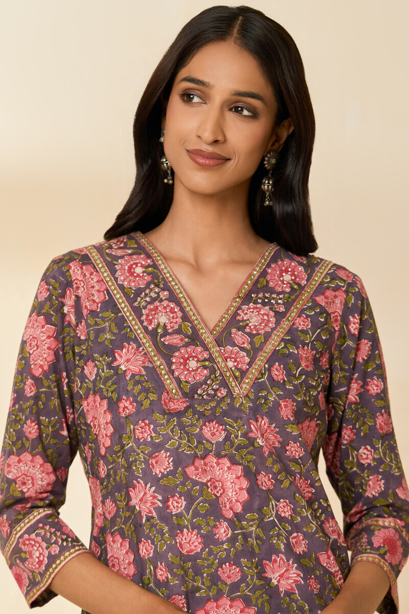 Mauve Hand Block Printed Straight Cotton Kurta