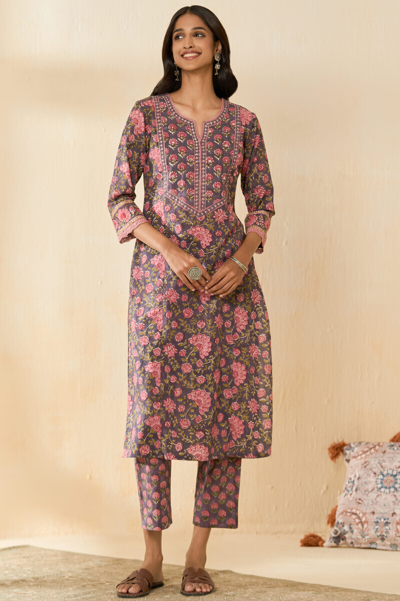 Mauve Hand Block Printed Straight Cotton Kurta