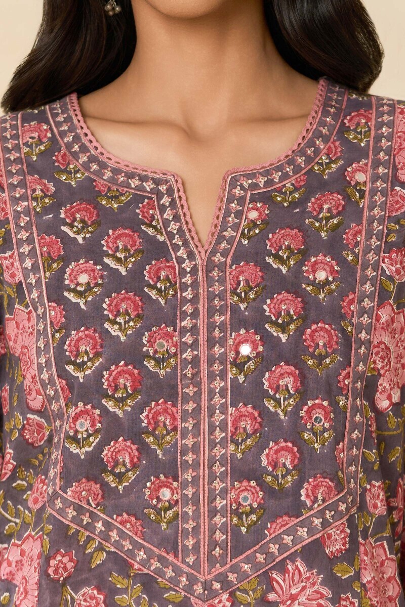 Mauve Hand Block Printed Straight Cotton Kurta