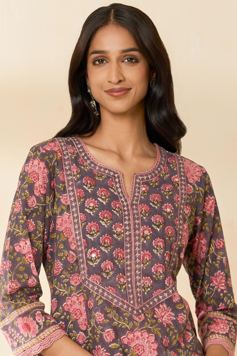 Mauve Hand Block Printed Straight Cotton Kurta