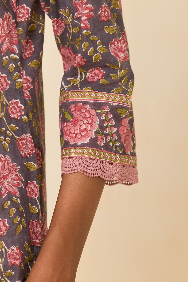 Mauve Hand Block Printed Straight Cotton Kurta