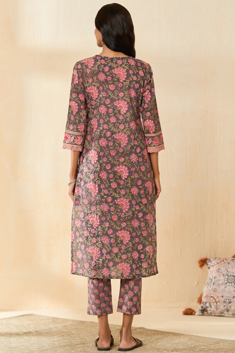 Mauve Hand Block Printed Straight Cotton Kurta