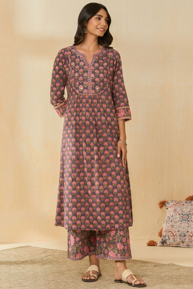 Mauve Hand Block Printed A-Line Cotton Kurta