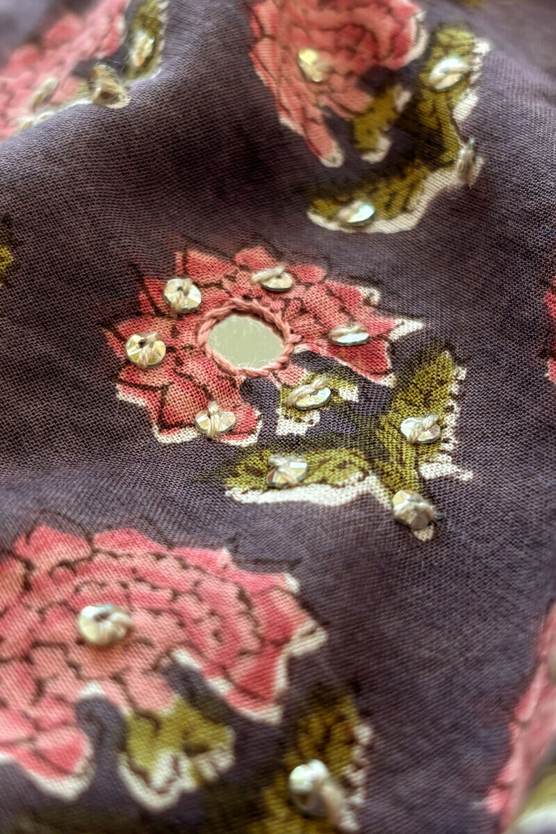 Mauve Hand Block Printed A-Line Cotton Kurta