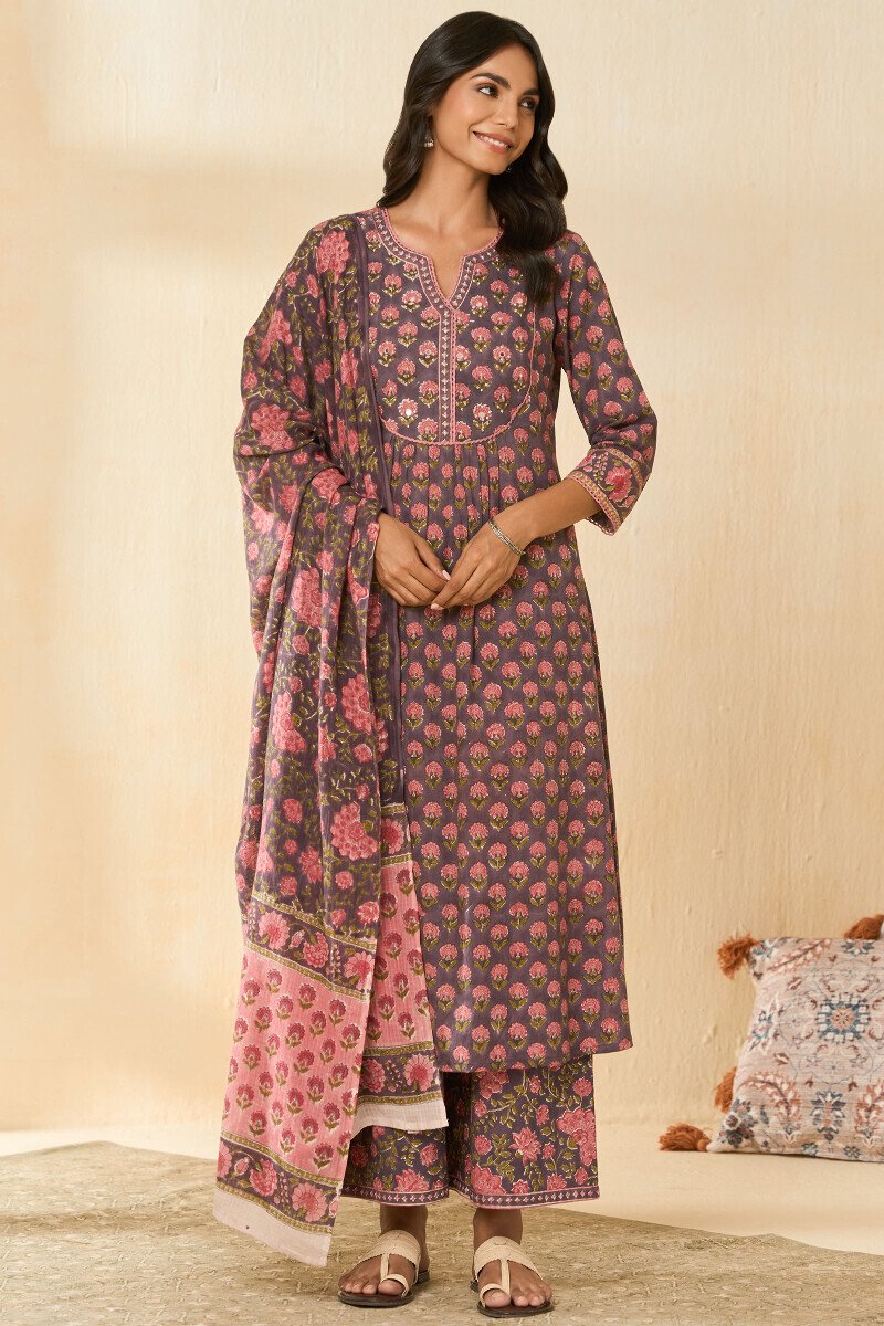Mauve Hand Block Printed A-Line Cotton Kurta