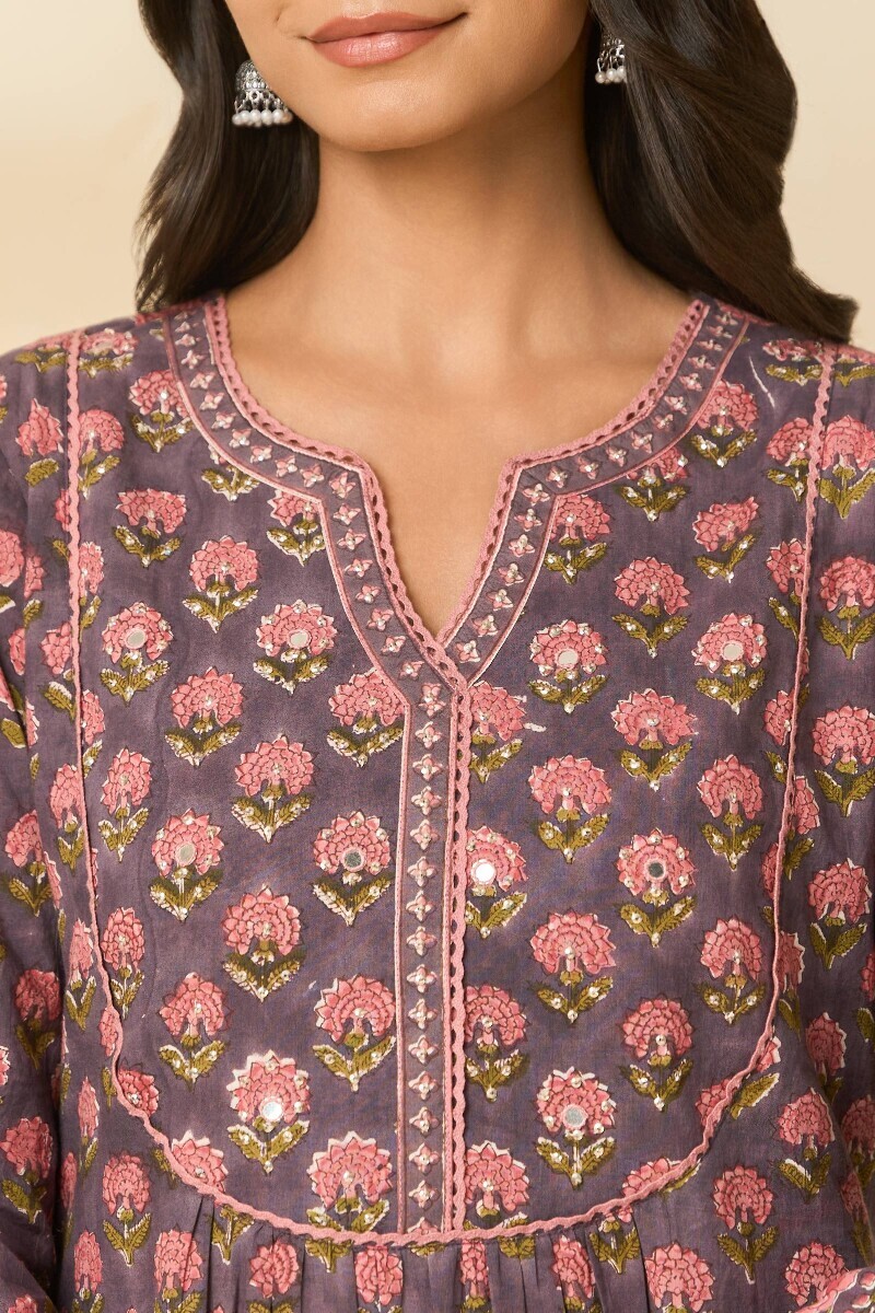 Mauve Hand Block Printed A-Line Cotton Kurta