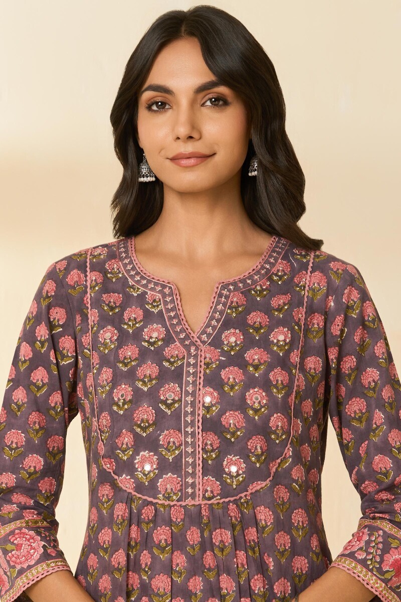Mauve Hand Block Printed A-Line Cotton Kurta