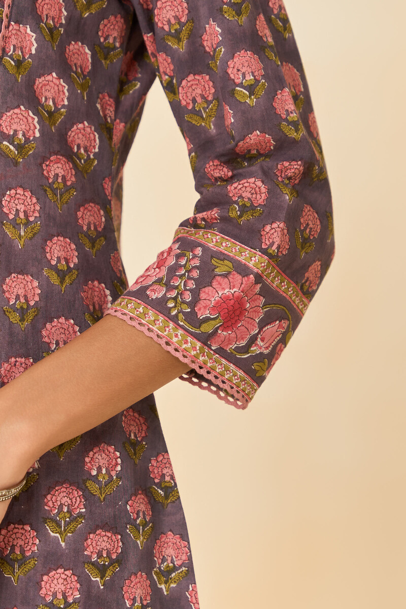 Mauve Hand Block Printed A-Line Cotton Kurta
