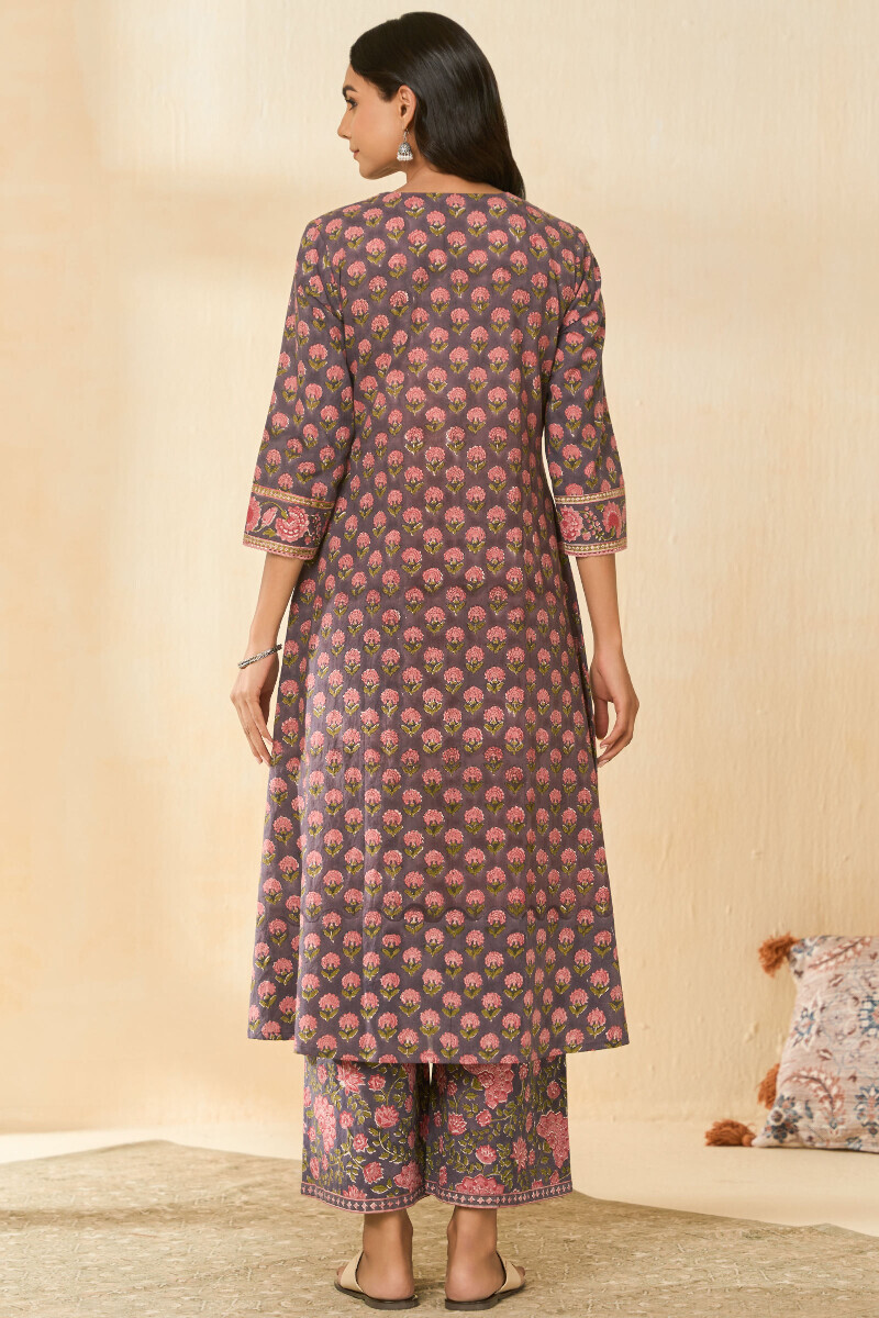 Mauve Hand Block Printed A-Line Cotton Kurta