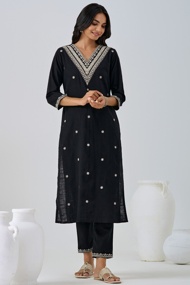 Black Handcrafted Straight Cotton Flax Kurta