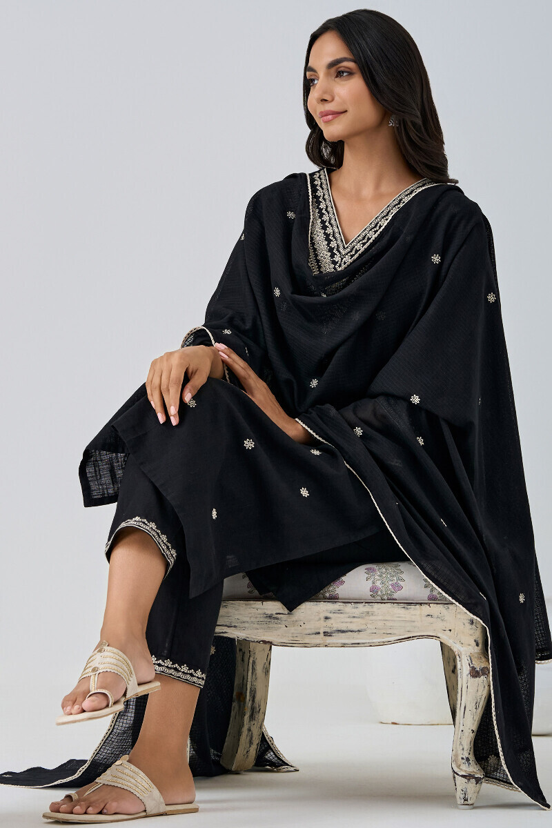 Black Handcrafted Straight Cotton Flax Kurta