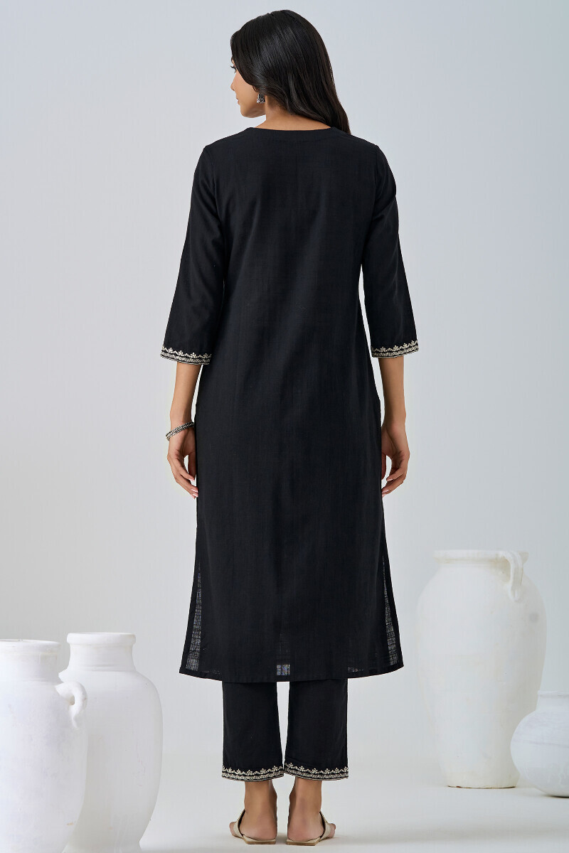 Black Handcrafted Straight Cotton Flax Kurta
