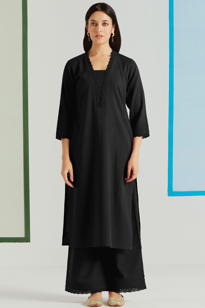 Black Handcrafted Straight Gauze Slub Kurta