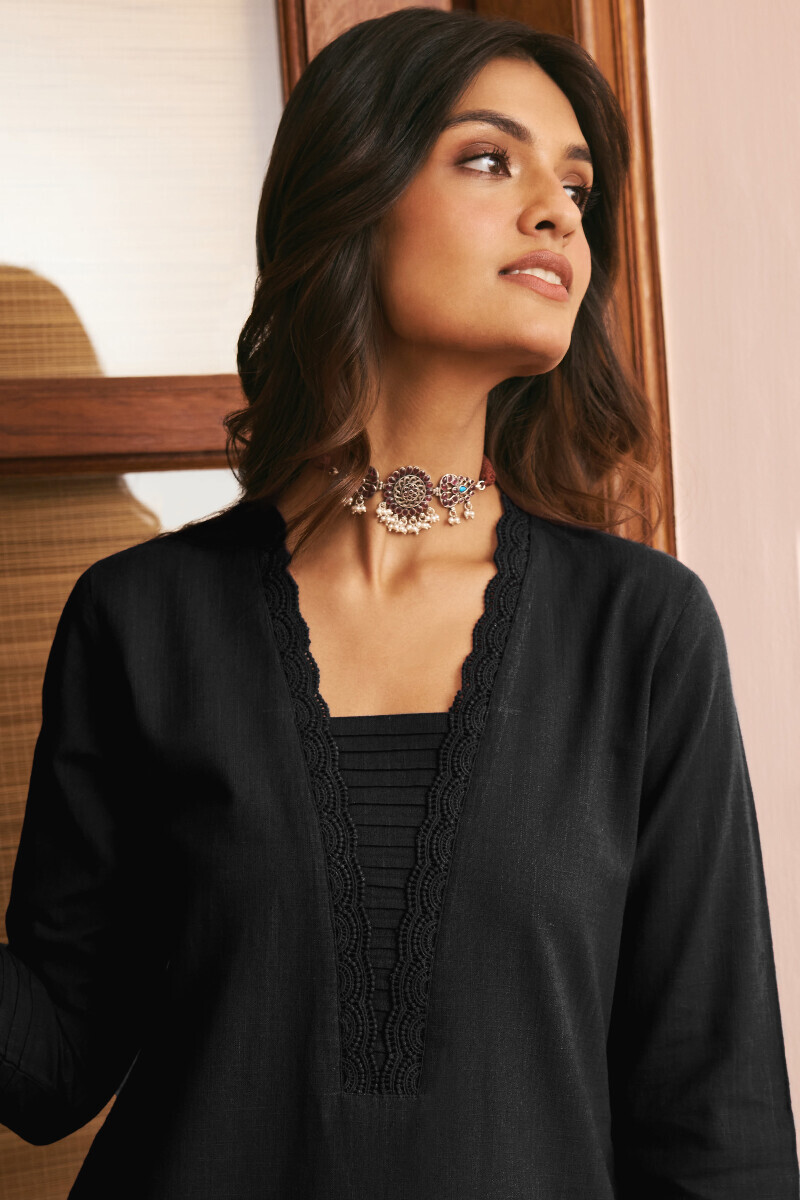 Black Handcrafted Straight Gauze Slub Kurta