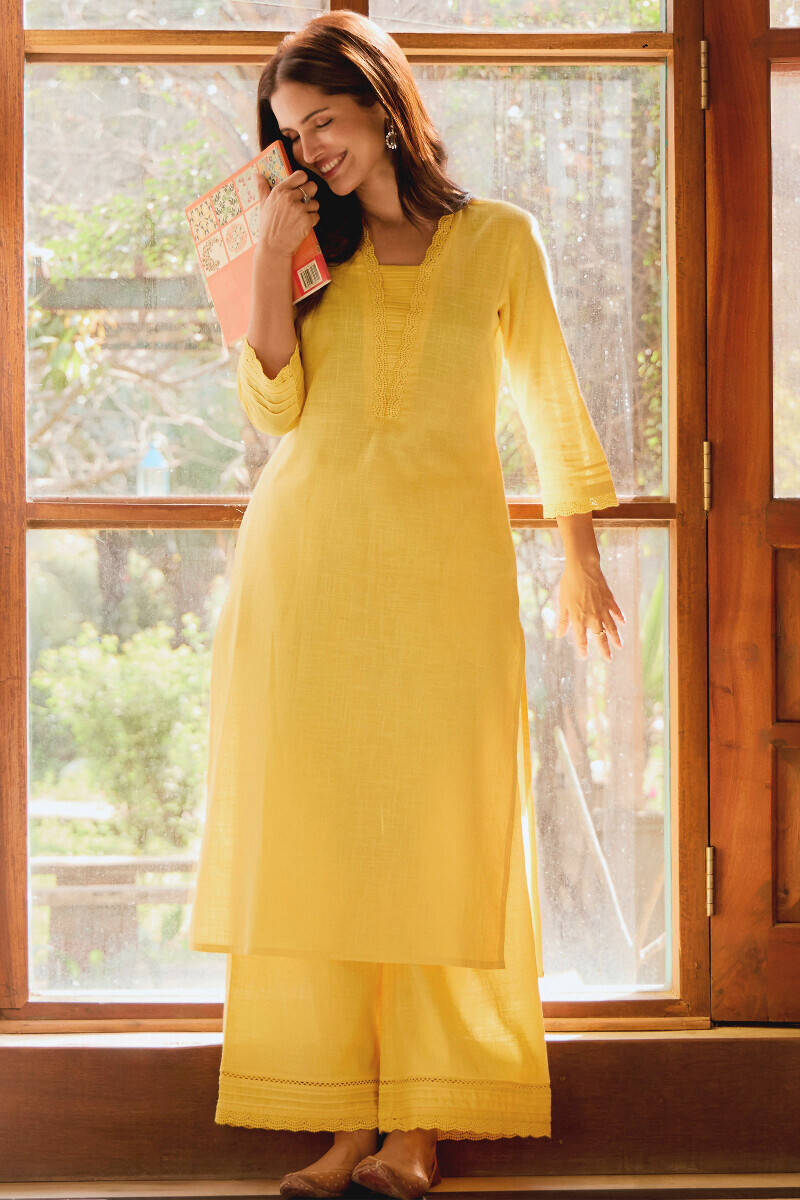 Yellow Handcrafted Straight Gauze Slub Kurta