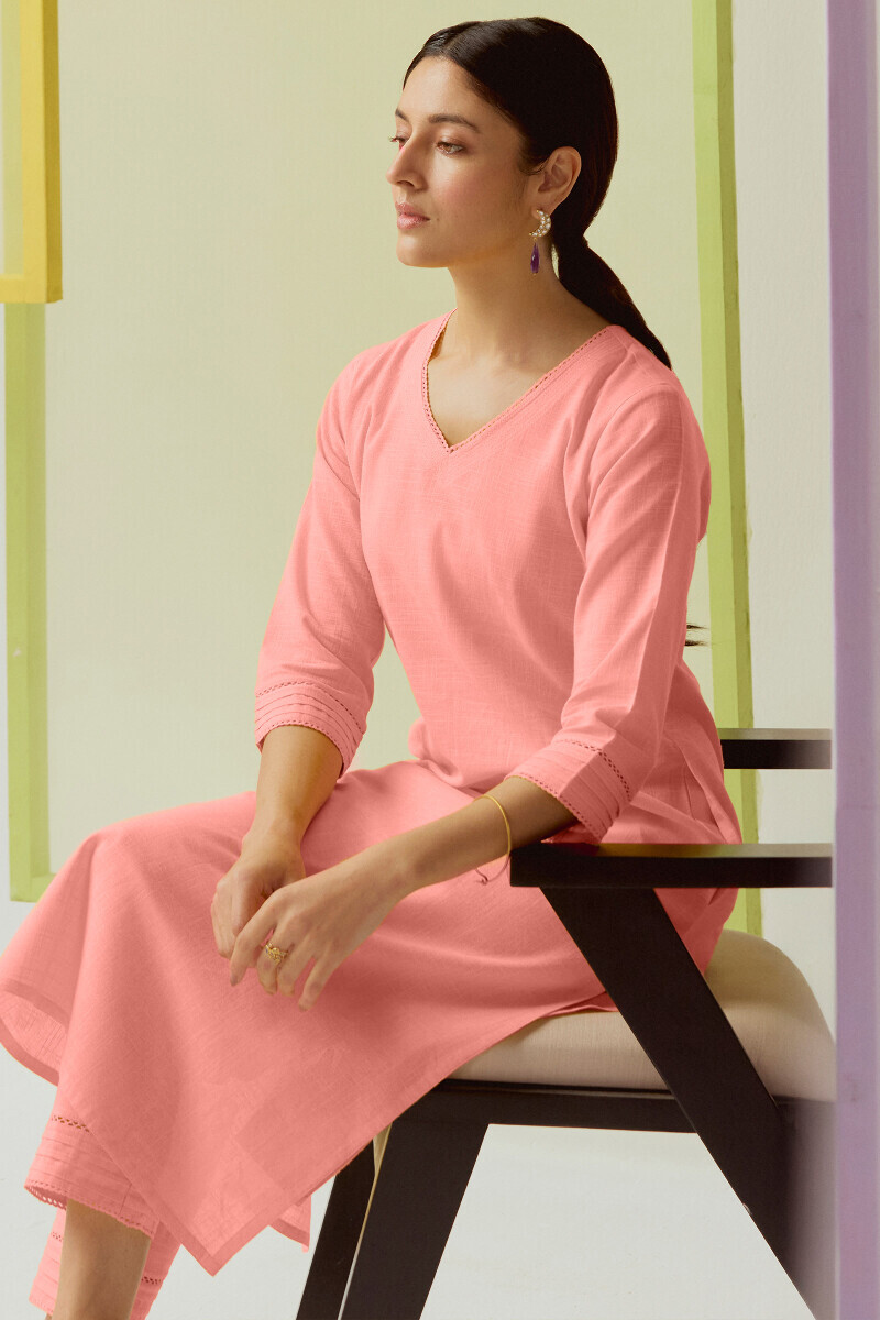 Pink Handcrafted Straight Gauze Slub Kurta
