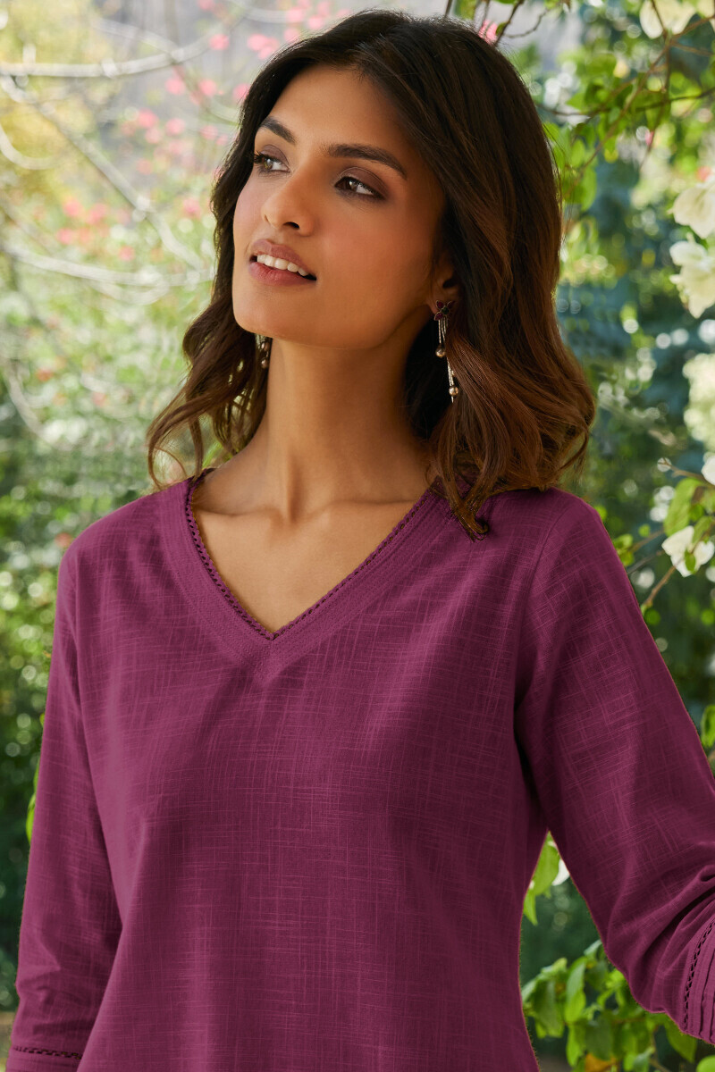 Purple Handcrafted Straight Gauze Slub Kurta
