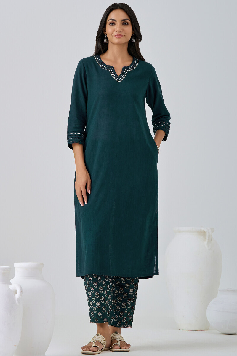 Teal Handcrafted Straight Gauze Slub Kurta