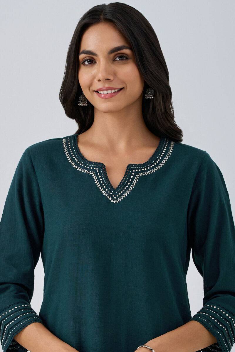 Teal Handcrafted Straight Gauze Slub Kurta