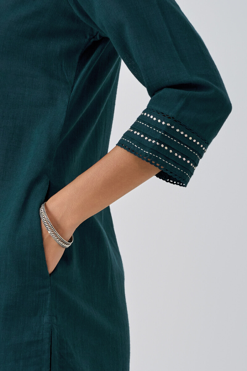 Teal Handcrafted Straight Gauze Slub Kurta
