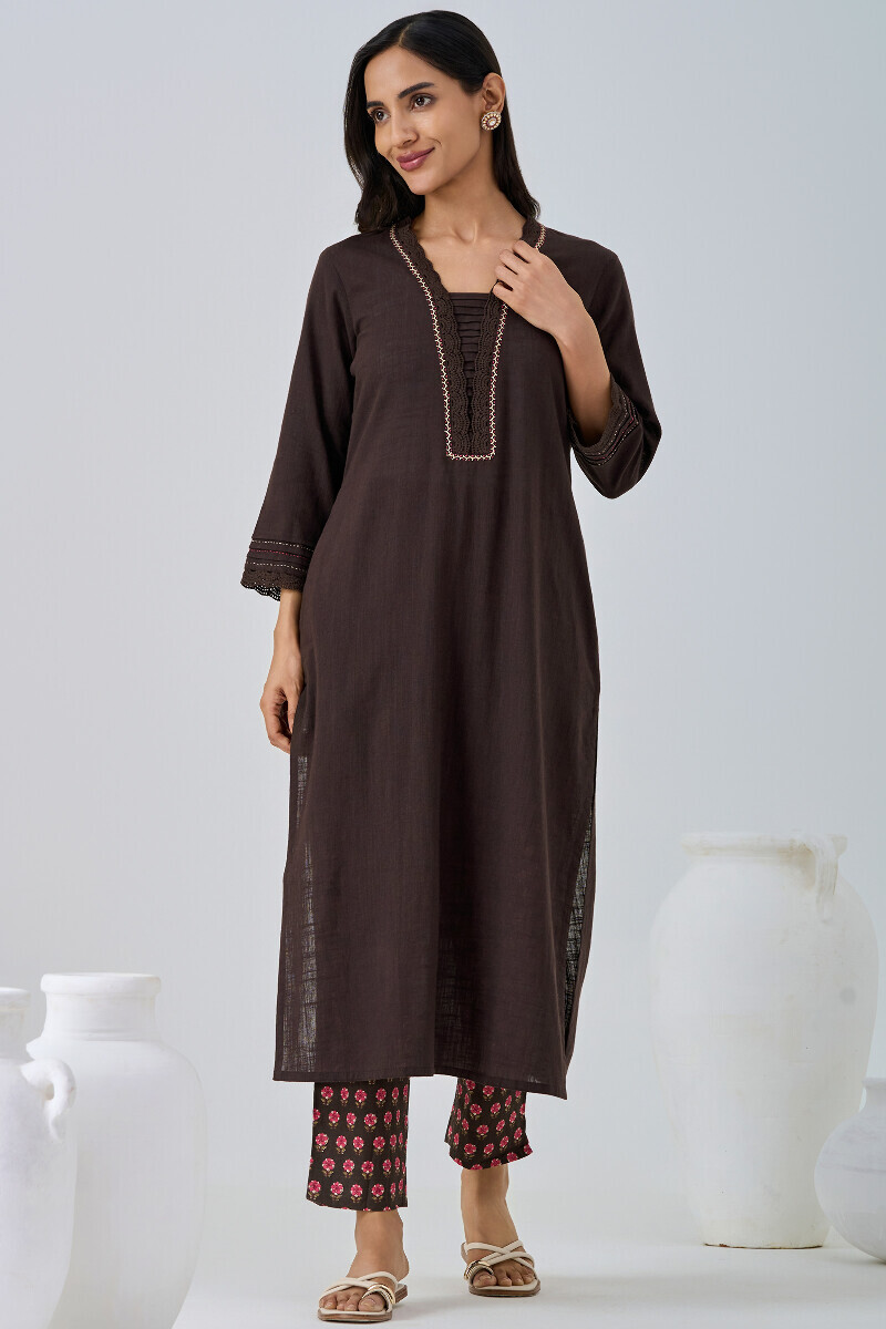 Brown Handcrafted Straight Gauze Slub Kurta