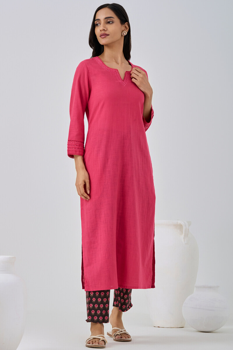 Pink Handcrafted Straight Gauze Slub Kurta