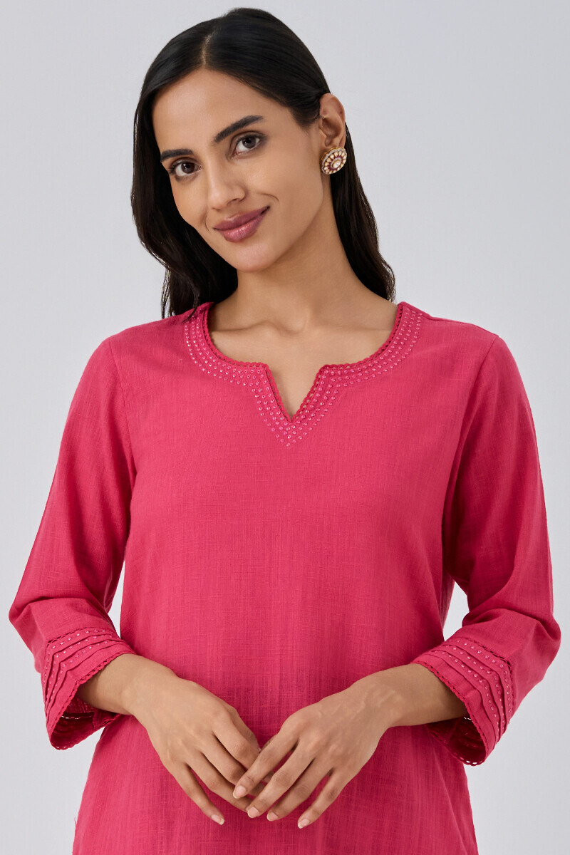 Pink Handcrafted Straight Gauze Slub Kurta