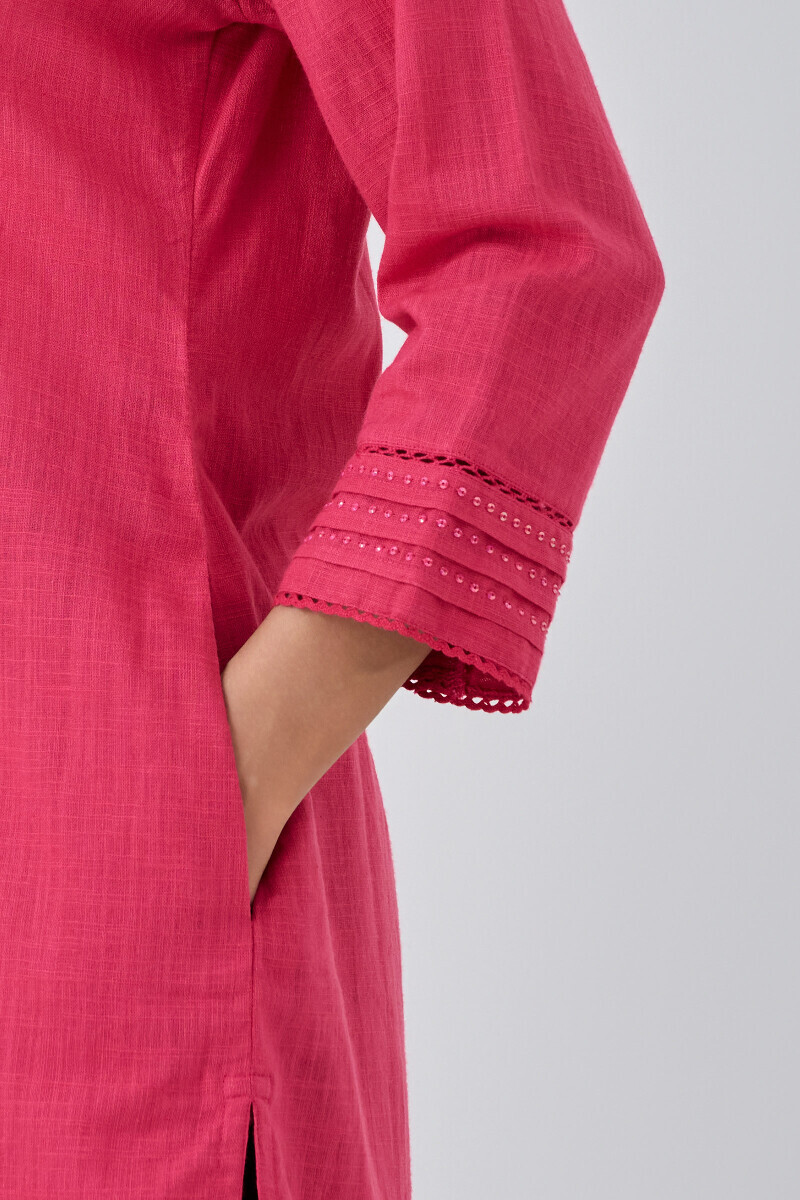 Pink Handcrafted Straight Gauze Slub Kurta