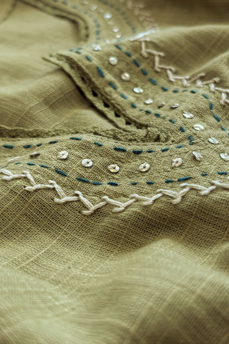Green Handcrafted Straight Gauze Slub Kurta