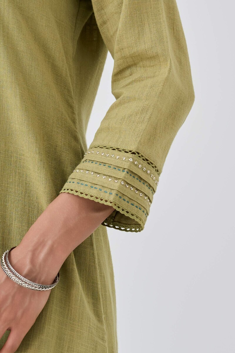 Green Handcrafted Straight Gauze Slub Kurta