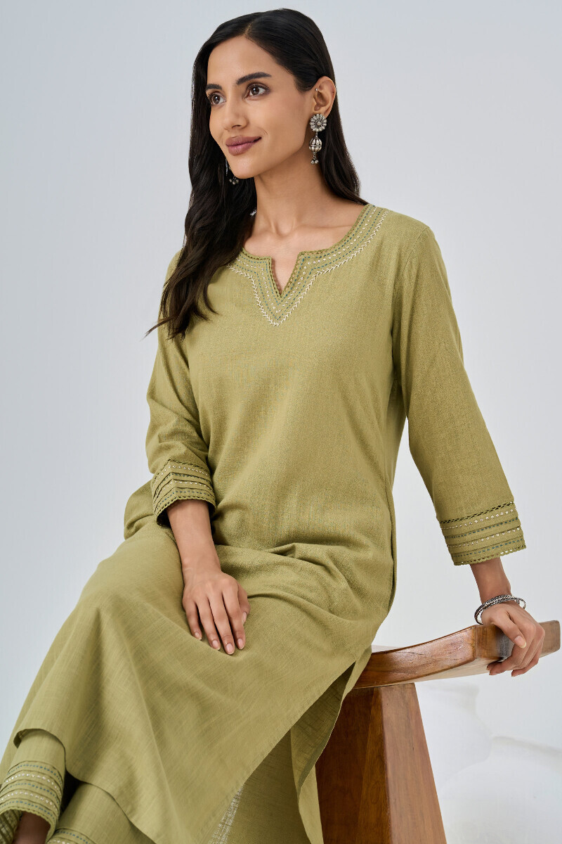 Green Handcrafted Straight Gauze Slub Kurta