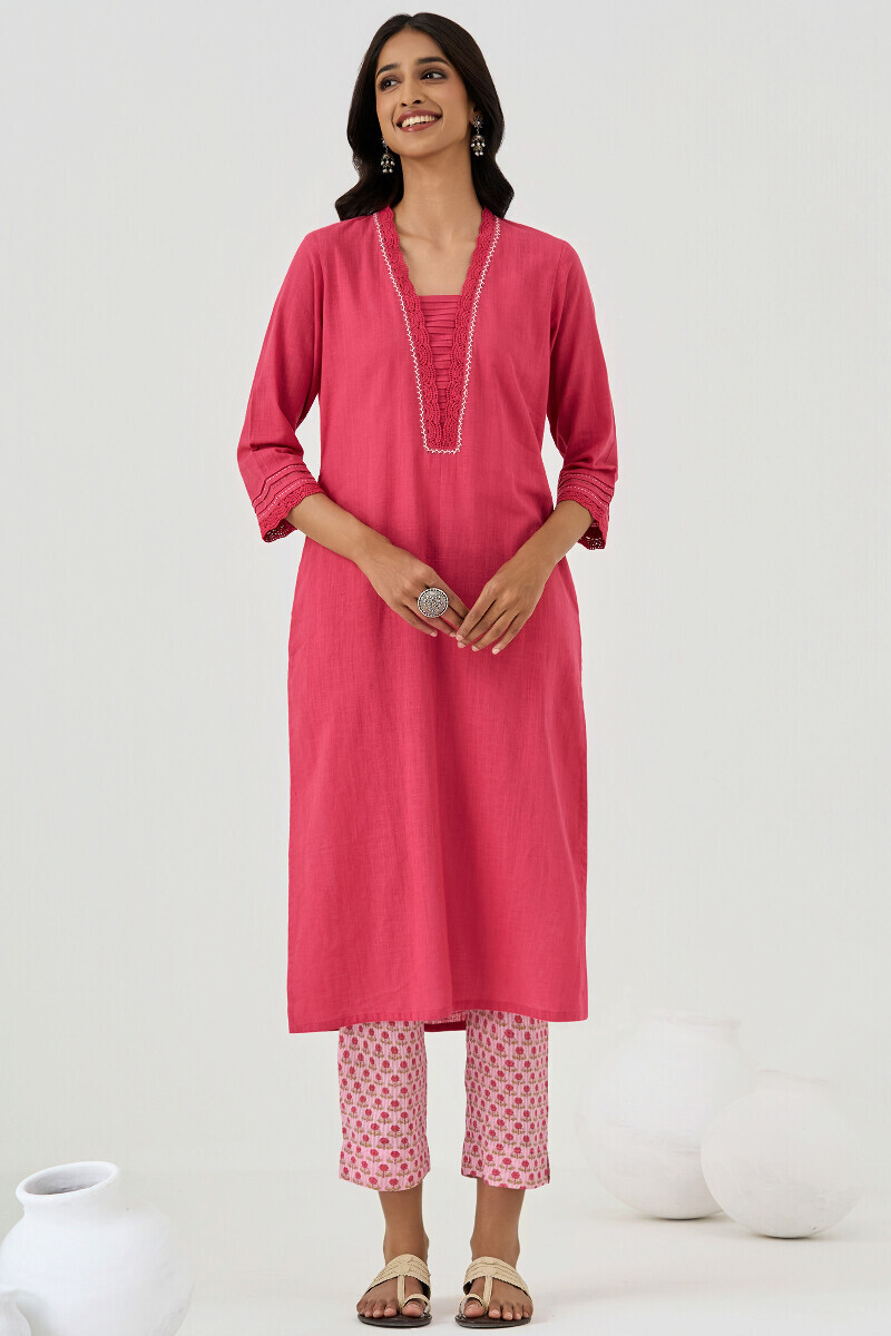 Pink Handcrafted Straight Gauze Slub Kurta
