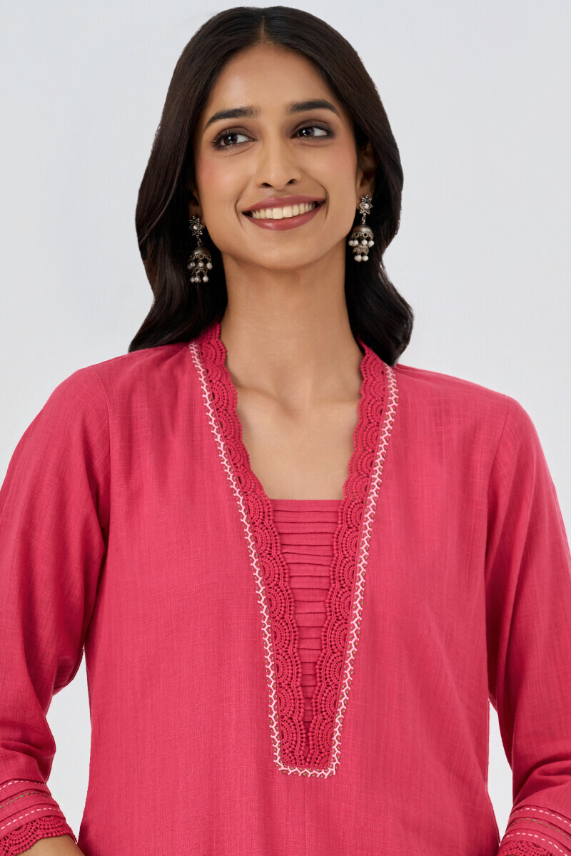 Pink Handcrafted Straight Gauze Slub Kurta