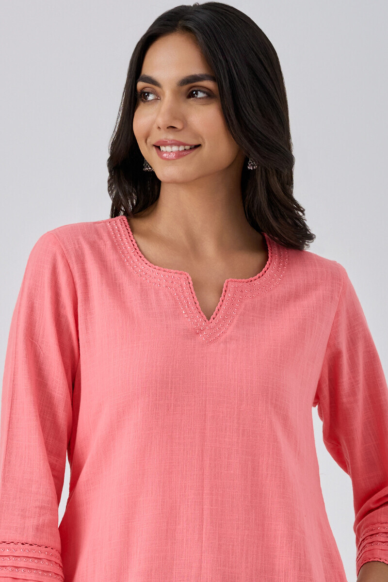 Pink Handcrafted Straight Gauze Slub Kurta