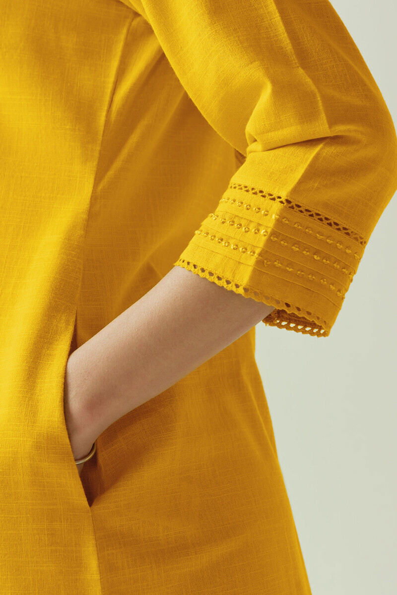 Yellow Handcrafted Straight Gauze Slub Kurta